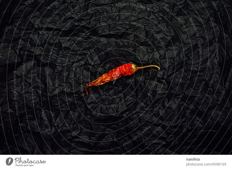 Red hot pepper against a crumpled black background chilly red cuisine cook cookery spice spicy paper style stylish food elegant elegance raw organic tasty