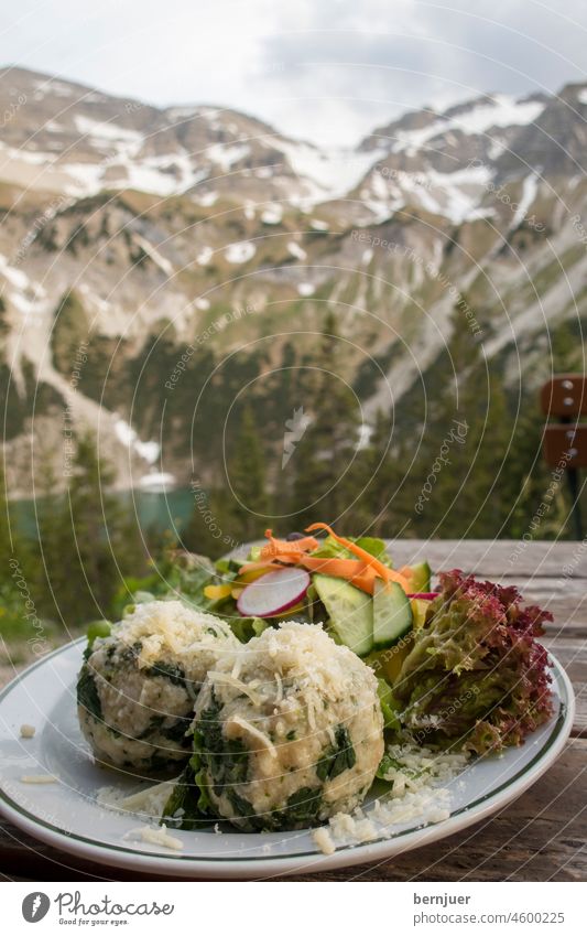 Spinach dumplings and the Soiernsee lake green spinach plate salad outdoor Social group Lake mountains soiern Bavaria Karwendel waiter White narrow lake Green
