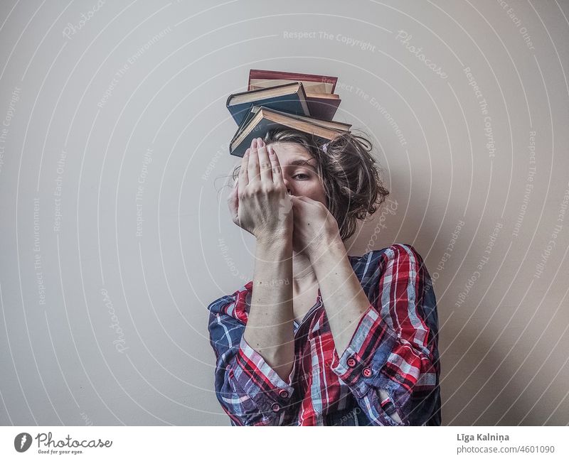Female obscured portrait with books on head Portrait photograph Self portrait Woman Human being Eyes Adults Head Feminine Young woman Hair and hairstyles