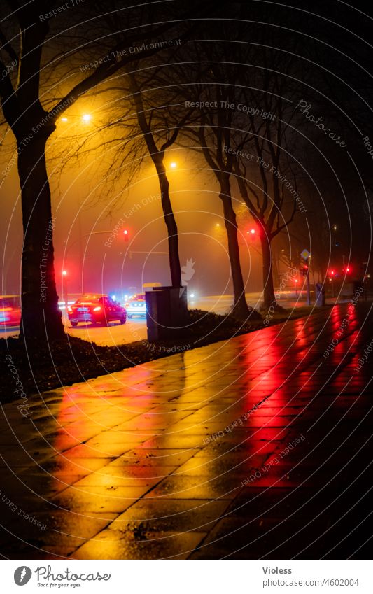 Fog in the evening in the city Haze Illuminate walkway Red Traffic light car Weather reflection Wet Damp
