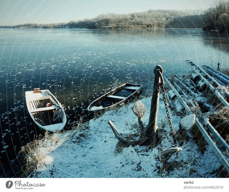 Firmly anchored Water Blue Sky Horizon Nature Outdoors Winter Lakeside Morning Fresh naturally Cold Frost Ice Environment Colour photo Exterior shot Deserted