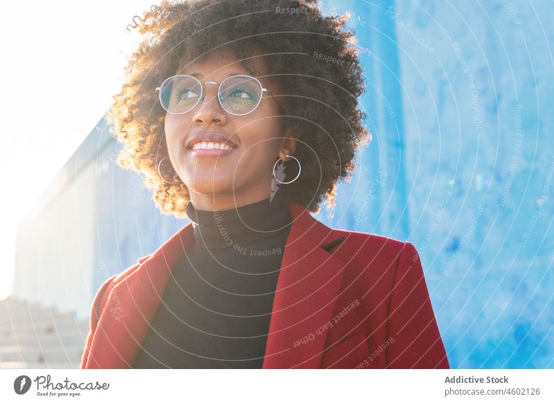 African American woman with Afro hairstyle standing on stone fence afro smile happy lean charming curly hair trendy relax city rest blue optimist toothy smile