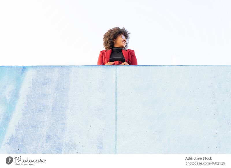 African American woman with Afro hairstyle leaning on stone fence afro smile happy charming curly hair trendy relax city rest blue optimist toothy smile