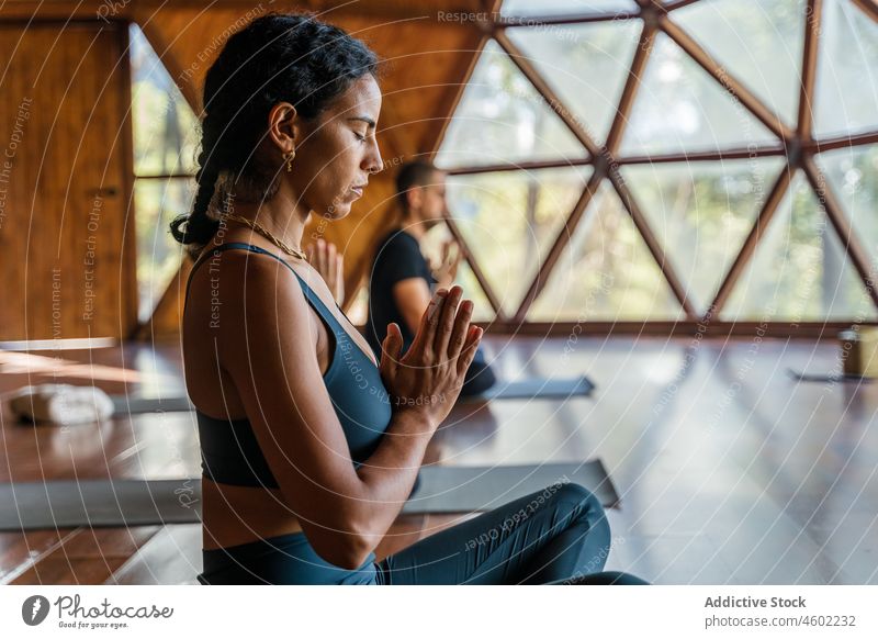 Black woman making namaste gesture group salute yoga asana practice healthy lifestyle meditate wellness mindfulness fit training posture session sportswear