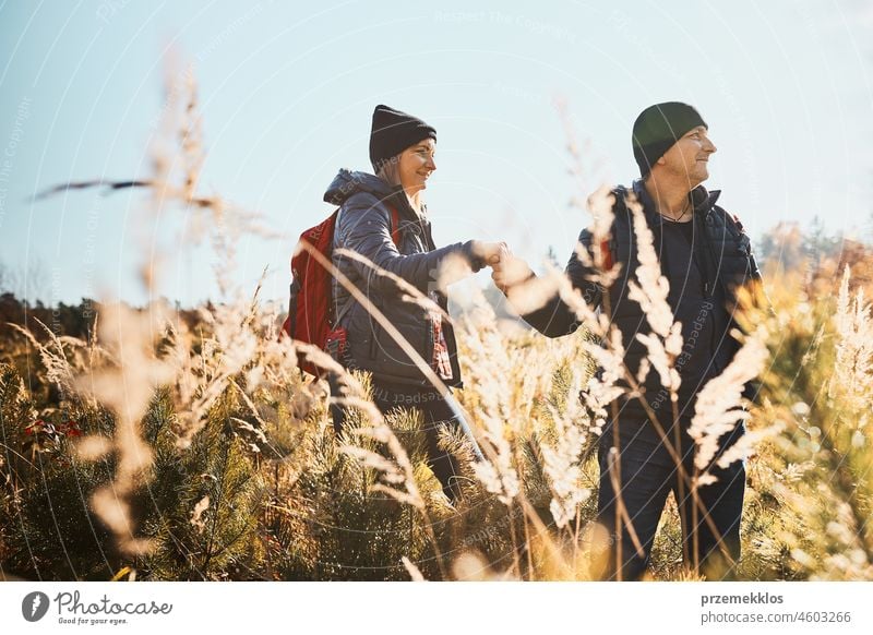 Couple exploring nature while vacation trip. Hikers with backpacks on way to mountains. People walking through tall grass along path in meadow on sunny day