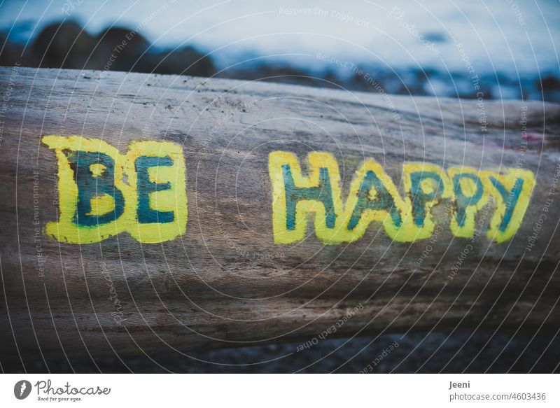 Be happy 🙂 be happy fortunate Happy Painted authored Tree trunk Beach Painting (action, artwork) Colour Water Freedom Joy Emotions Happiness Contentment