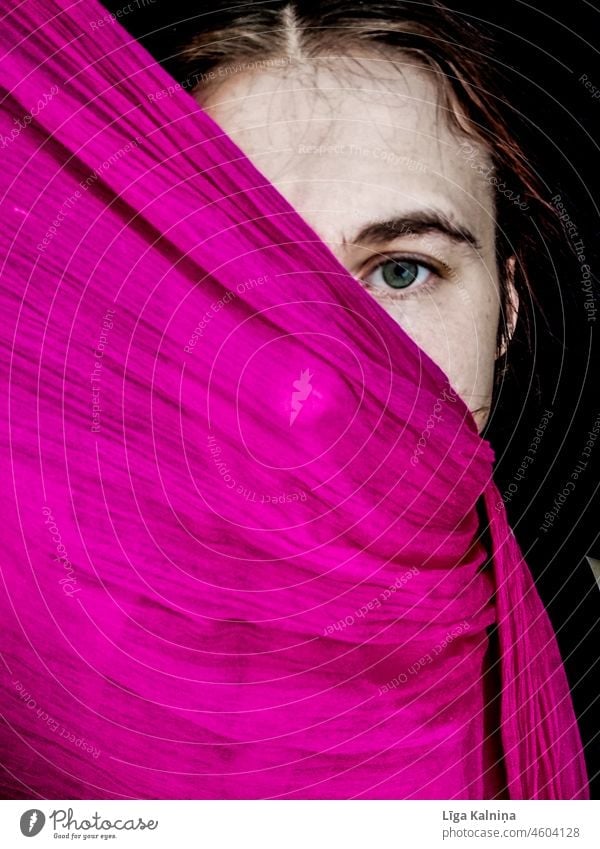 Eye visible by obscured face Eyes Woman Human being Face Looking Face of a woman Feminine Adults Women's eyes Magenta purple pink Purple Young woman