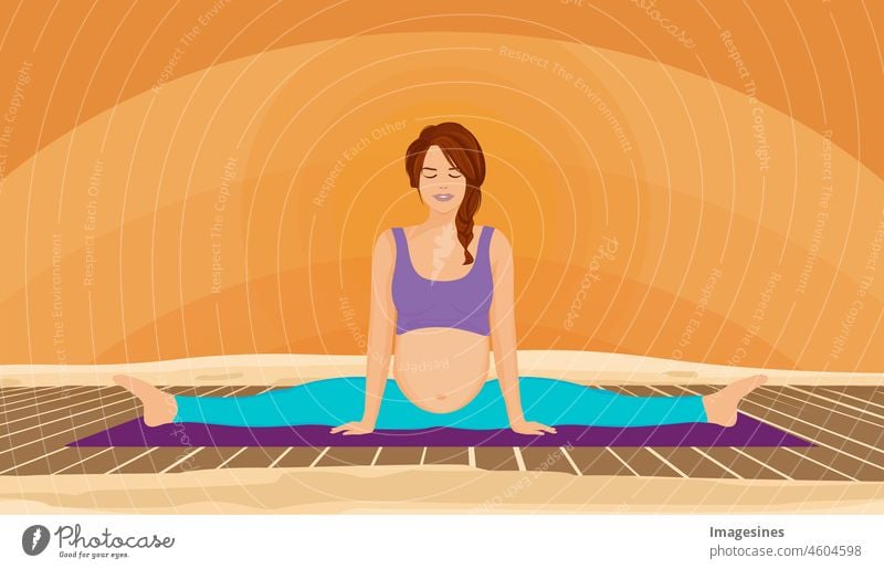 Pränatales Yoga. Upavistha Konasana-Pose während der Schwangerschaft. Junge schwangere Frau, die Übungen durchführt, Yoga praktiziert. Schwangere Frau, die Spagat macht. Yoga-Workout und Fitness- und Body-Positive-Konzept