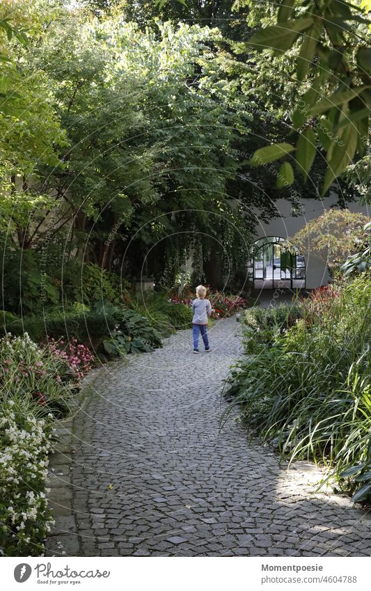 Boy walks along a path Boy (child) Park Going trees pretty off flowers plants Nature explore Discover Paving stone go one's own way Blonde Child Infancy Freedom