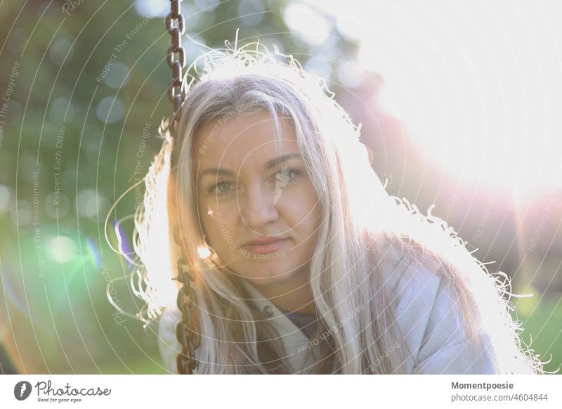 free time Blonde To swing Woman youthful Student Weekend Green Sun Back-light Sunlight Light (Natural Phenomenon) Visual spectacle Shaft of light Sunbeam