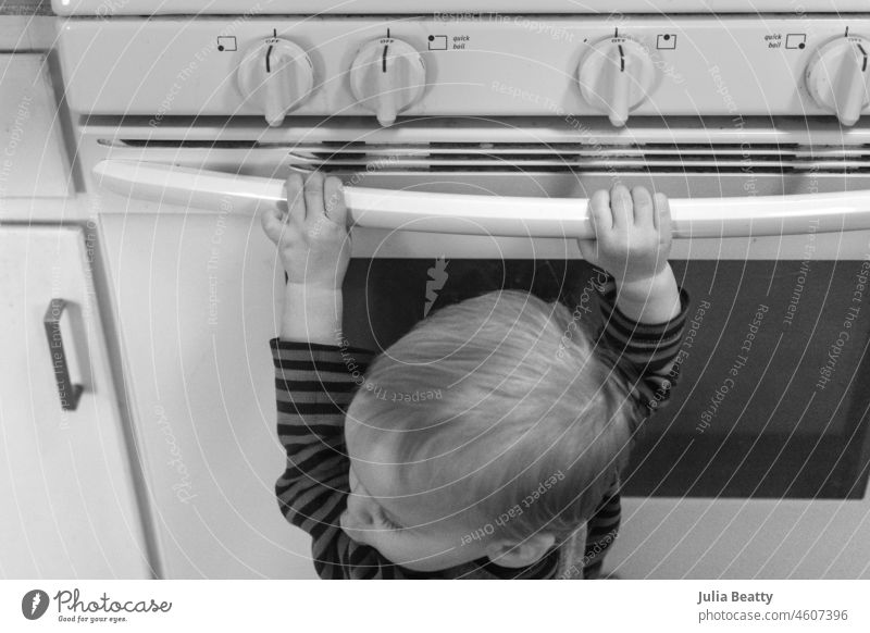 18 month old toddler tries to open the oven; baby proofing needed child hand infant kid small cute childhood human people little home interior house danger
