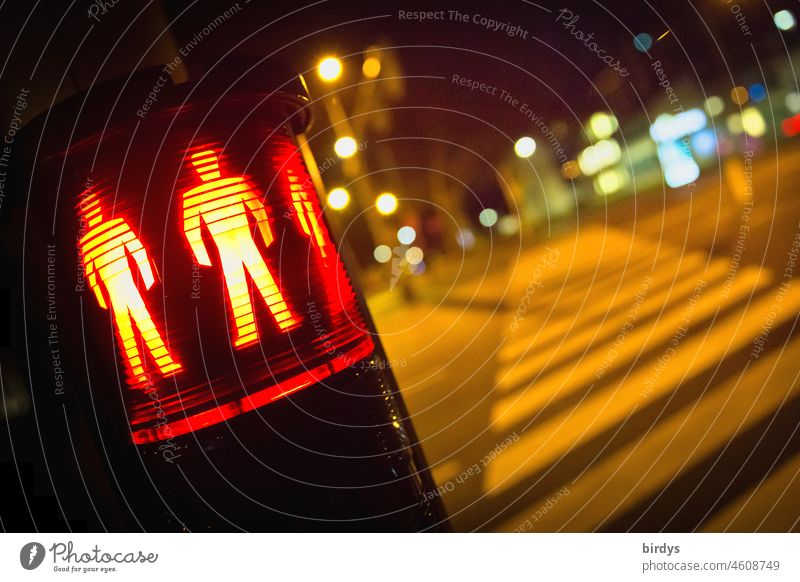 Crosswalk in city, pedestrian traffic light at night. Night shot Pedestrian crossing Zebra crossing Street Town clearer Safety car traffic Red Transport