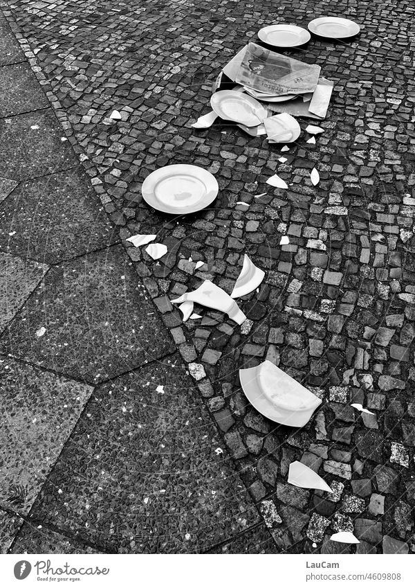 Shards bring good luck! shards Plate Broken shattered Destruction Damage Shards bring luck Transience Black & white photo black-and-white Porcelain clumsy
