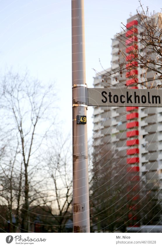 stockholm High-rise facade House location Overpopulated Residential area Signs and labeling Living or residing Multistory Neighbor Prefab construction Gloomy