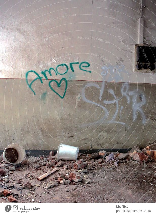 AMORE amore Love Heart Characters Graffiti Wall (building) rubbish filth Bucket Declaration of love With love Symbols and metaphors Infatuation Emotions Gray