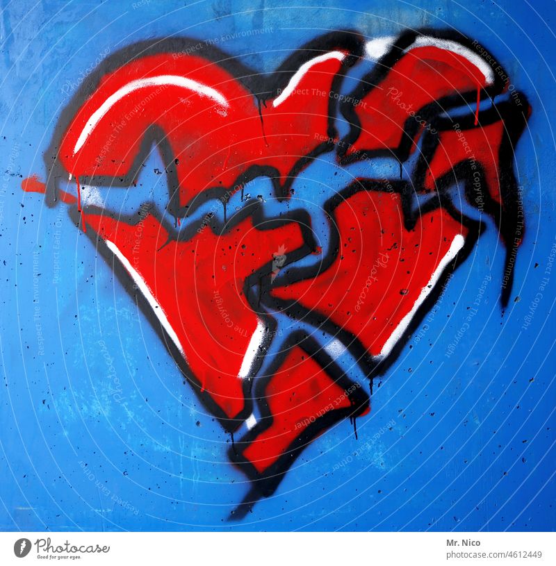 broken heart shattered Heart Lovesickness heartache Divide Emotions Disappointment Sadness Broken Transience Pain Red Love Out Argument Heart-shaped Graffiti