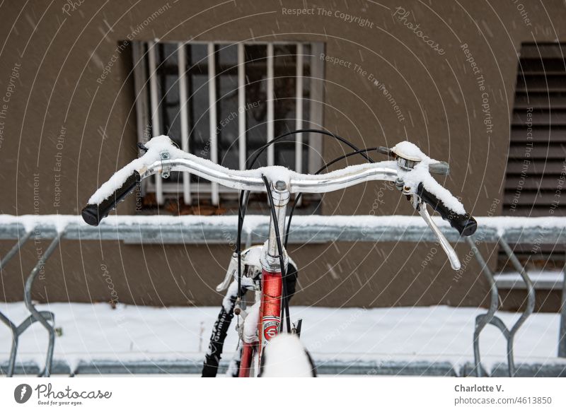 Bicycle handlebars with snow Snow Exterior shot Detail Means of transport Copy Space top Bicycle bell Day Metal Colour photo Subdued colour Parking Bicycle rack