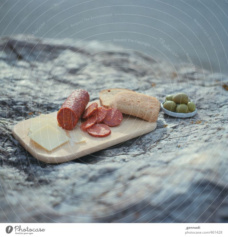 On the Rock Food Sausage Cheese Bread Picnic Delicious Colour photo Exterior shot Deserted Copy Space top Copy Space bottom Day