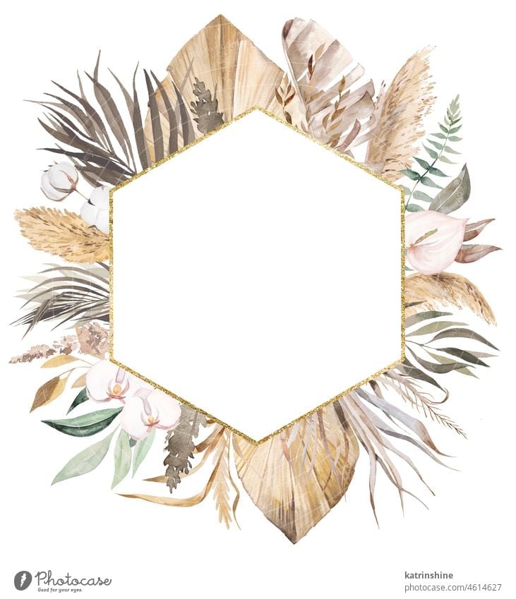 Watercolor Bohemian golden frame with dried leaves and tropical flowers illustration Botanical Decoration Exotic Foliage Hand drawn Isolated Ornament Summer