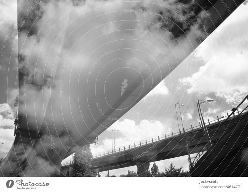 Urban highway and the clouds Bridge Architecture Manmade structures Highway Structures and shapes State expressway Shadow Berlin Black & white photo a100