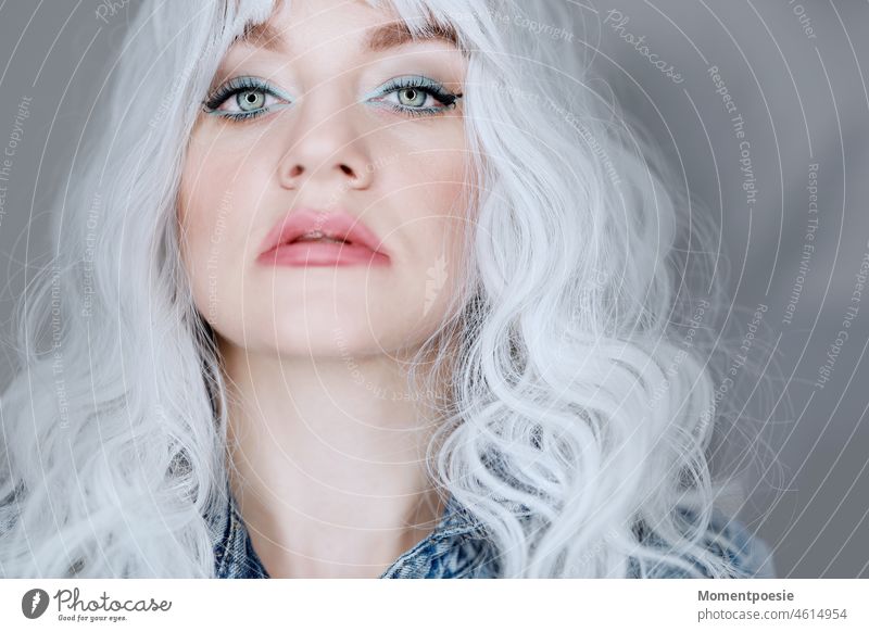 white haired young woman White-haired Gray-haired Old youthful Face Face of a woman pretty Human being Woman Adults Young woman Long-haired 18 - 30 years
