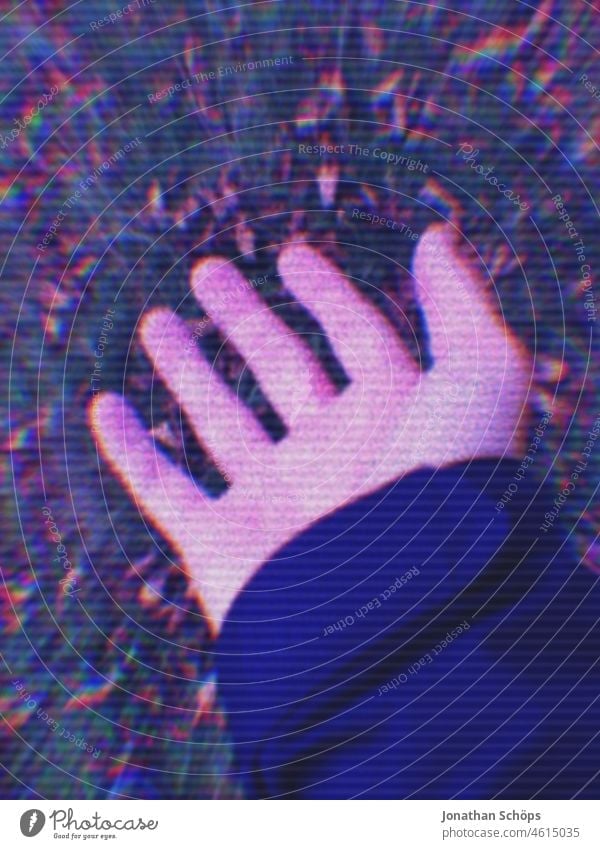 Hand with glitch effect vintage Grain Time Artistic Retro Analog Raw Experimental Filter Old Style vision dream Unclear fantasy purple Technical purple pink