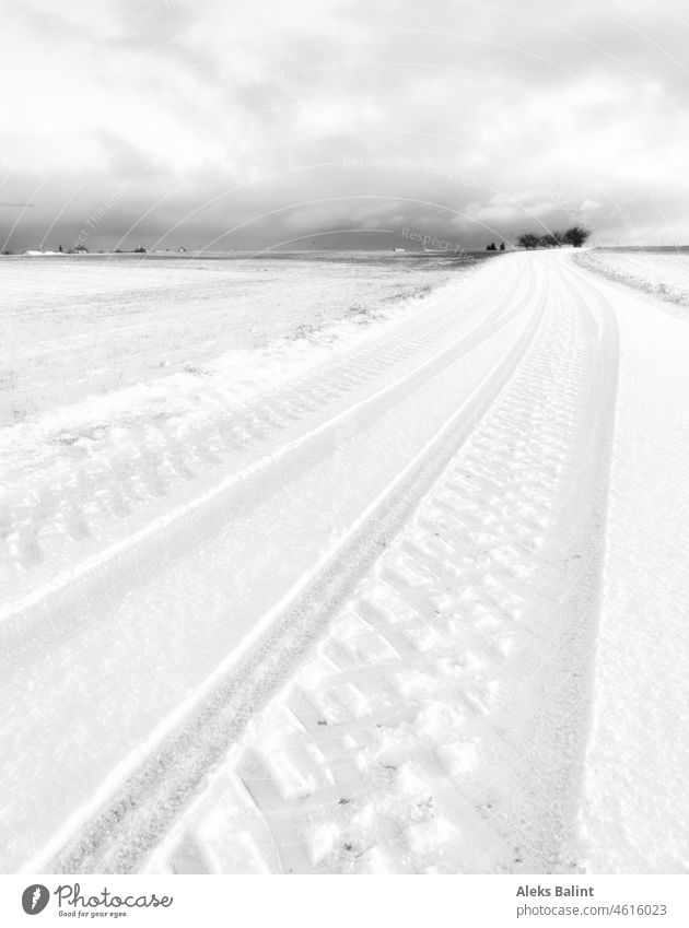 Snow covered landscape and road with tire tracks snow-covered Landscape Street black-and-white Country road Exterior shot Winter Deserted Winter mood Cold