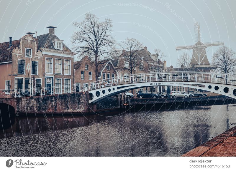 View of the historic houses, a bridge and a mill of Dokkum in winter Historic Buildings Gracht Tourist Attraction House (Residential Structure) Downtown