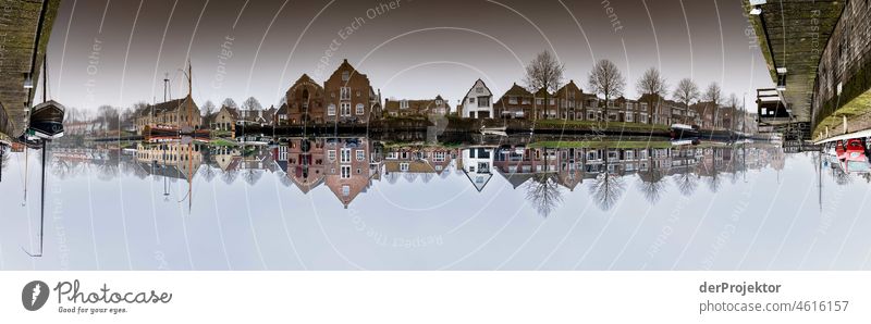 Panoramic view of the historic houses in a reflection of Dokkum in winter Historic Buildings Gracht Tourist Attraction House (Residential Structure) Downtown