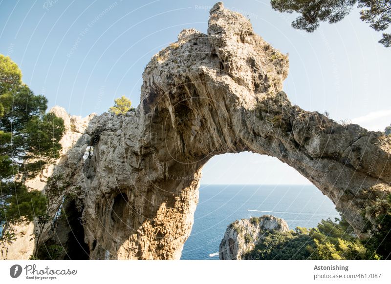 Arco Naturale, Capri, Italy Arco naturale Goal Arch Rock Landscape Nature Ocean Mediterranean sea Water variegated Forest trees vacation Island Large Tall far
