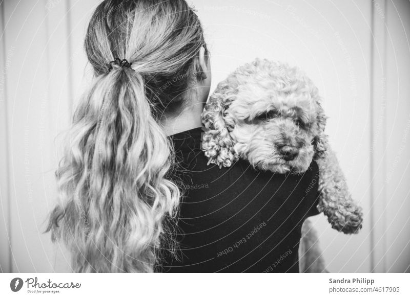 Girl with dog on her arm Dog Cockerpoo Pet Friendship Happy Cute Together Happiness Lifestyle Love pretty Cheerful owner Black & white photo youthful