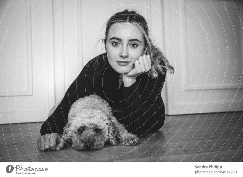 Potrait shot of a girl and dog Girl Dog Pet Animal Cute Happiness Animal portrait Looking Friendliness Friendship Love of animals Looking into the camera