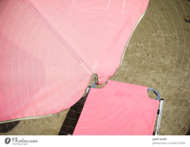 pale parasol and sun lounger Sunshade Summer Vacation & Travel Bleached Sunlight Beach Sand Relaxation Water mark Bird's-eye view Neutral Background