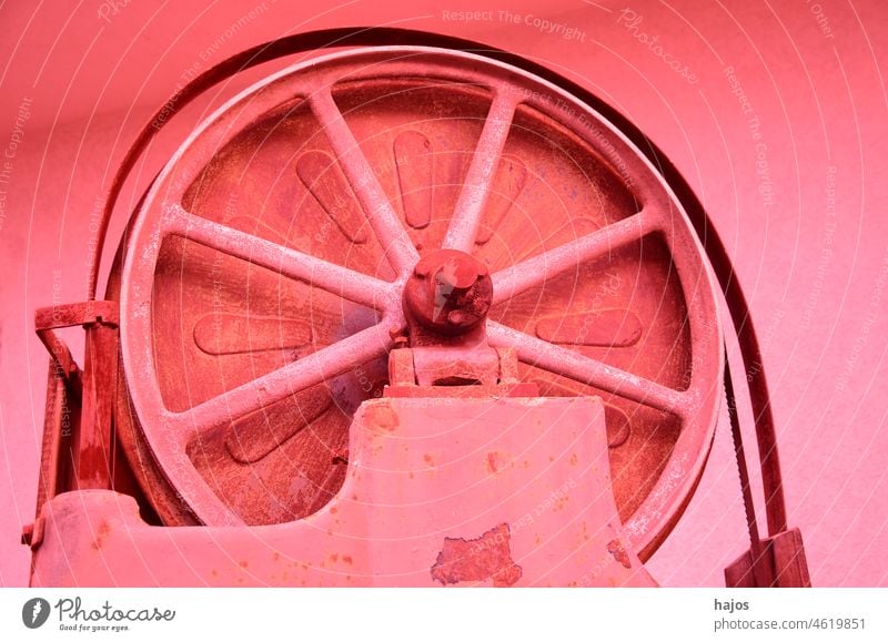 Flywheel of an old band saw in infrared flywheel Band saw Infrared Pink Old vintage Retro Industry Machinery Saw detail Tool Nostalgia Past