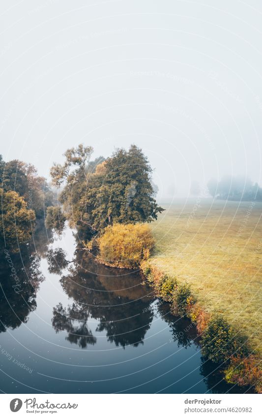 Foggy day with view from Staudernheimer bridge on the Nahe I Autumn Climate Beautiful weather Joy Moody Emotions River Tree Enthusiasm Flow Curiosity