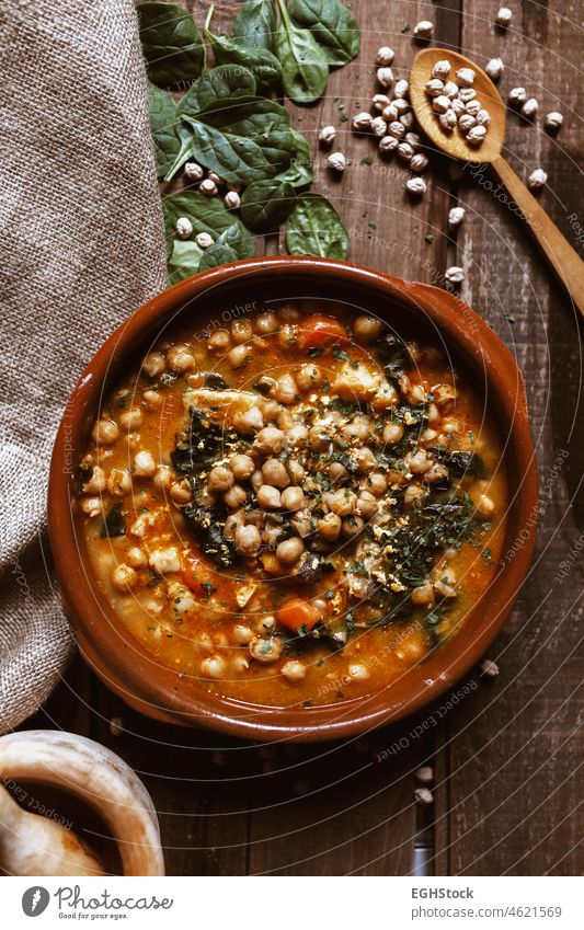 Vegan food north Spain food. Chickpeas with chard. Potaje is a typical Spanish dish. stew chickpea cooked traditional homemade spanish spinach plate vegetable