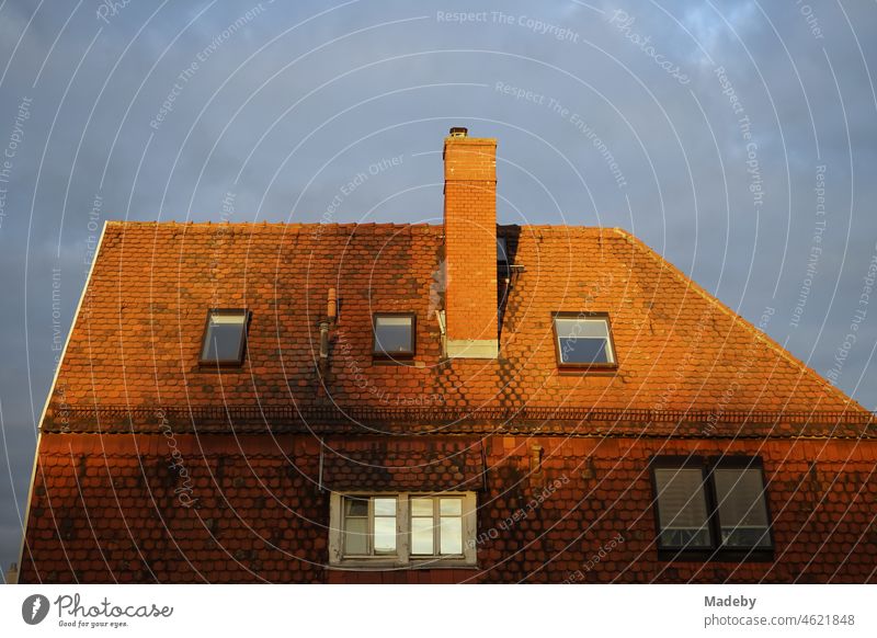 Old roof with plain tile shingles and skylights of a large villa in the light of the setting sun in the district of Seckbach in Frankfurt am Main in the German state of Hesse