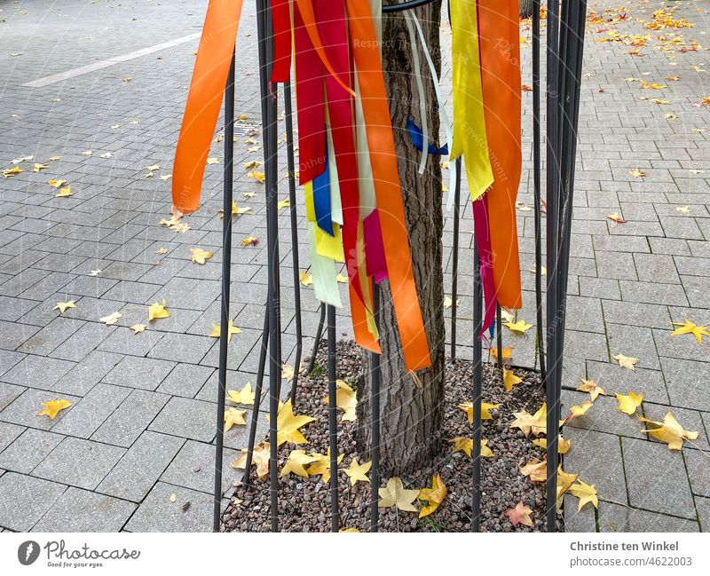Colorful ribbons hang from a tree guard that protects the tree trunk from damage colorful ribbons Tree guard tapes Decoration Town Festival Carnival