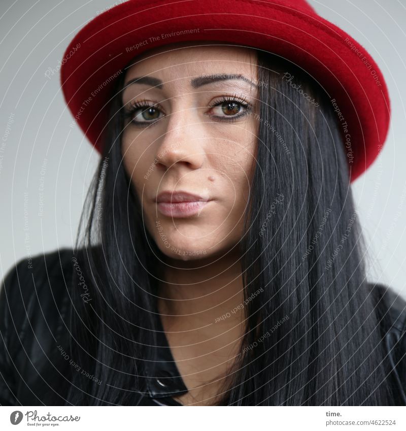 nastya Looking portrait Hat Long-haired Black-haired Woman Feminine feminine Leather jacket Earnest Intensive Focus on sad Meditative