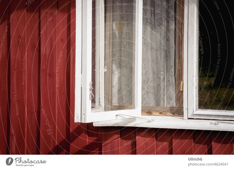 Window detail of typical red painted wooden hut in Sweden. Swedish house House (Residential Structure) Hut Swedish red Wooden hut Exit Window frame Flake