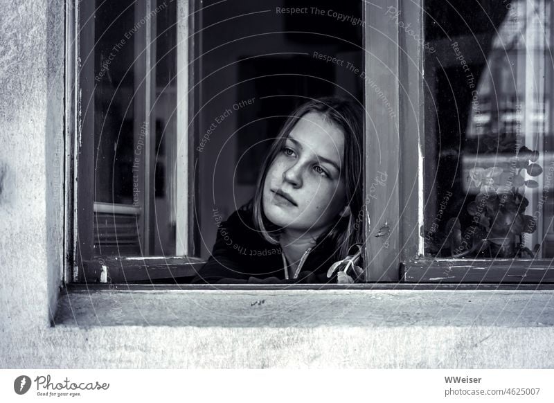 A young woman melancholically looks out of the window of an old house portrait Woman Girl Meditative Dream teenager youthful sad Lean Face Window Window frame