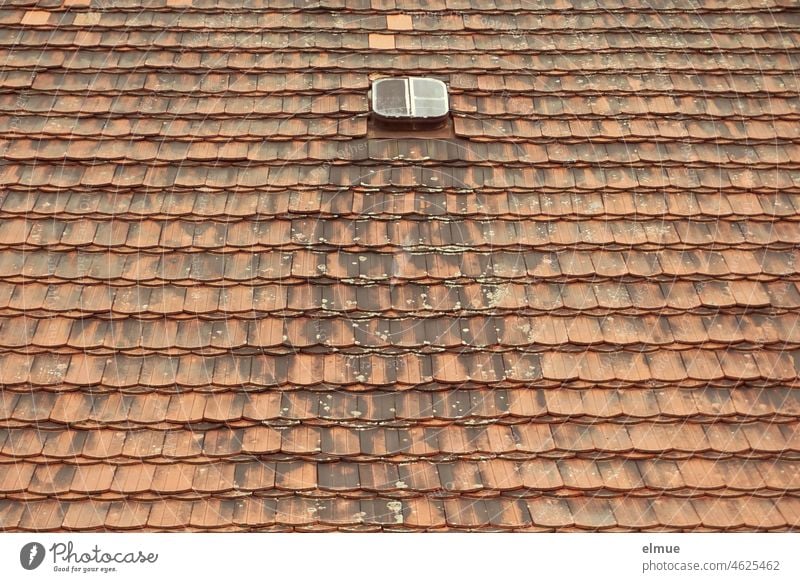 old roof in crown covering with plain tiles and with an old small skylight / tiled roof Roof Tiled roof Skylight Crown cover Old Red Roofing tile