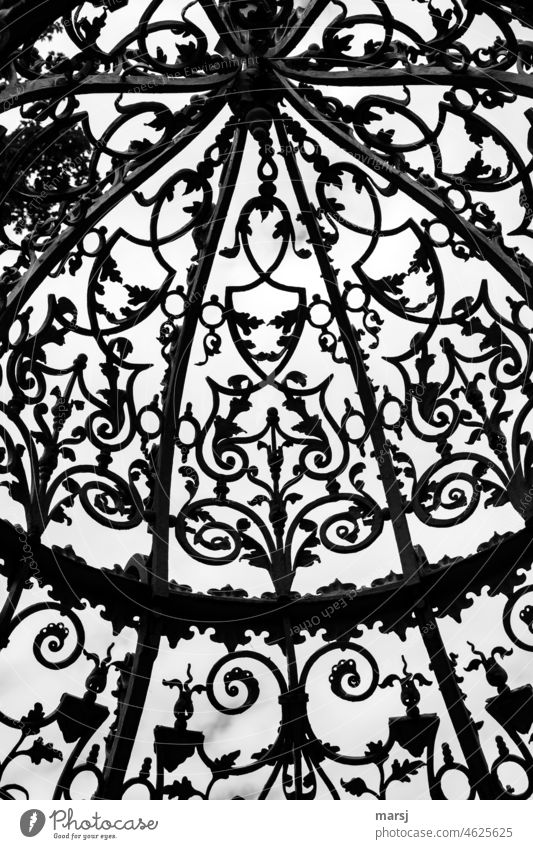 Trapped in time and space. Enclosed by ornate wrought ironwork. Metal Historic Steel Protection Craft (trade) Solid squiggled Figures pavilion Roof dome