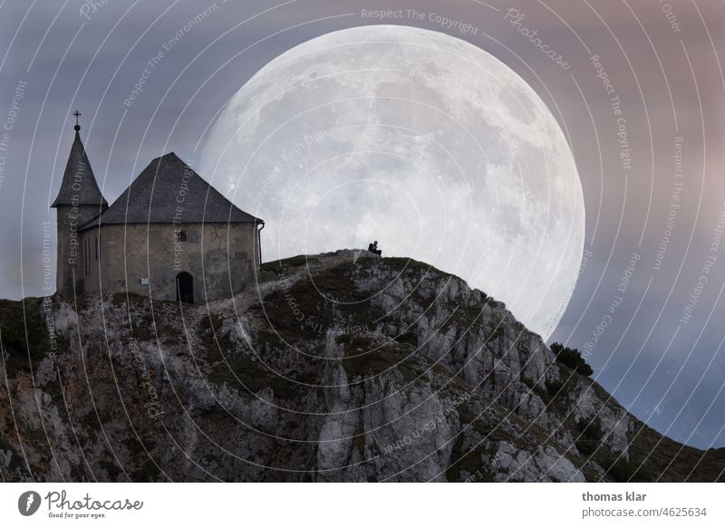 Full moon on mountain Dobratsch with church Chapel Full  moon Moon Nature Vantage point person Sit Night