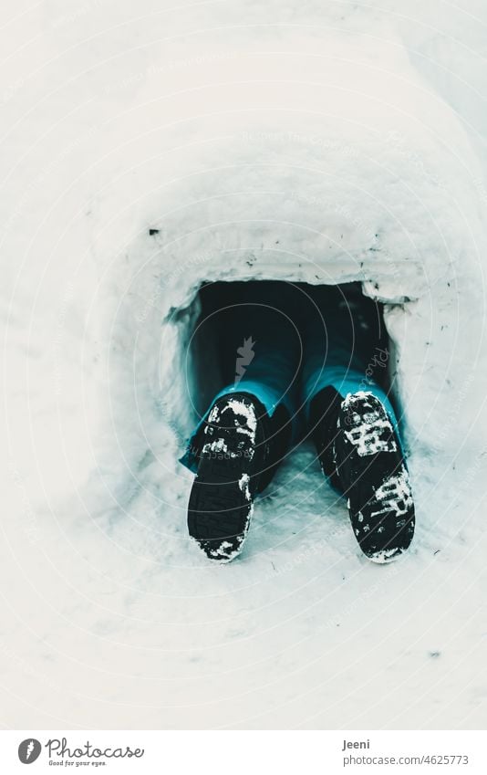Hide and seek in igloo Igloo Winter Cold Snow Playing game Child Infancy Entrance feet Legs Footwear Lie Crawl Ice Seasons White Joy Frost Frozen Hiding place