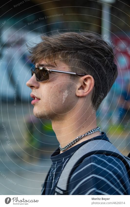 Side profile with chain and sunglasses Youth (Young adults) youthful teen Boy (child) Young man young adult Man portrait Sunglasses Summer Summer vacation