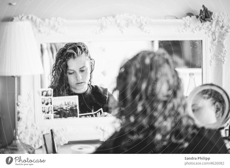 Girl in the mirror Mirror hair Hair and hairstyles Face Youth (Young adults) Head Looking portrait Human being Black & white photo Interior shot Feminine