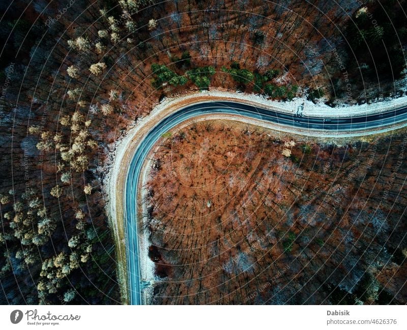 Landscape with winding road through forest, aerial view landscape nature outdoor car green highway trip countryside travel tree scenic above serpentine