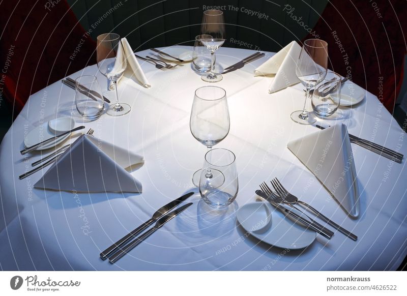 laid table Table covered Cutlery Restaurant Table decoration table setting tablecloth Preparation expect round table Knives Fork Glass Napkin stocked