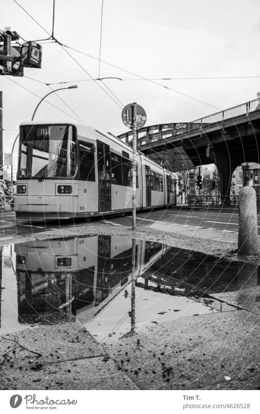 a streetcar is reflected in the puddle Prenzlauer Berg Schönhauser Allee chestnut avenue Tram Puddle bnw b/w Winter Berlin Exterior shot Capital city Town